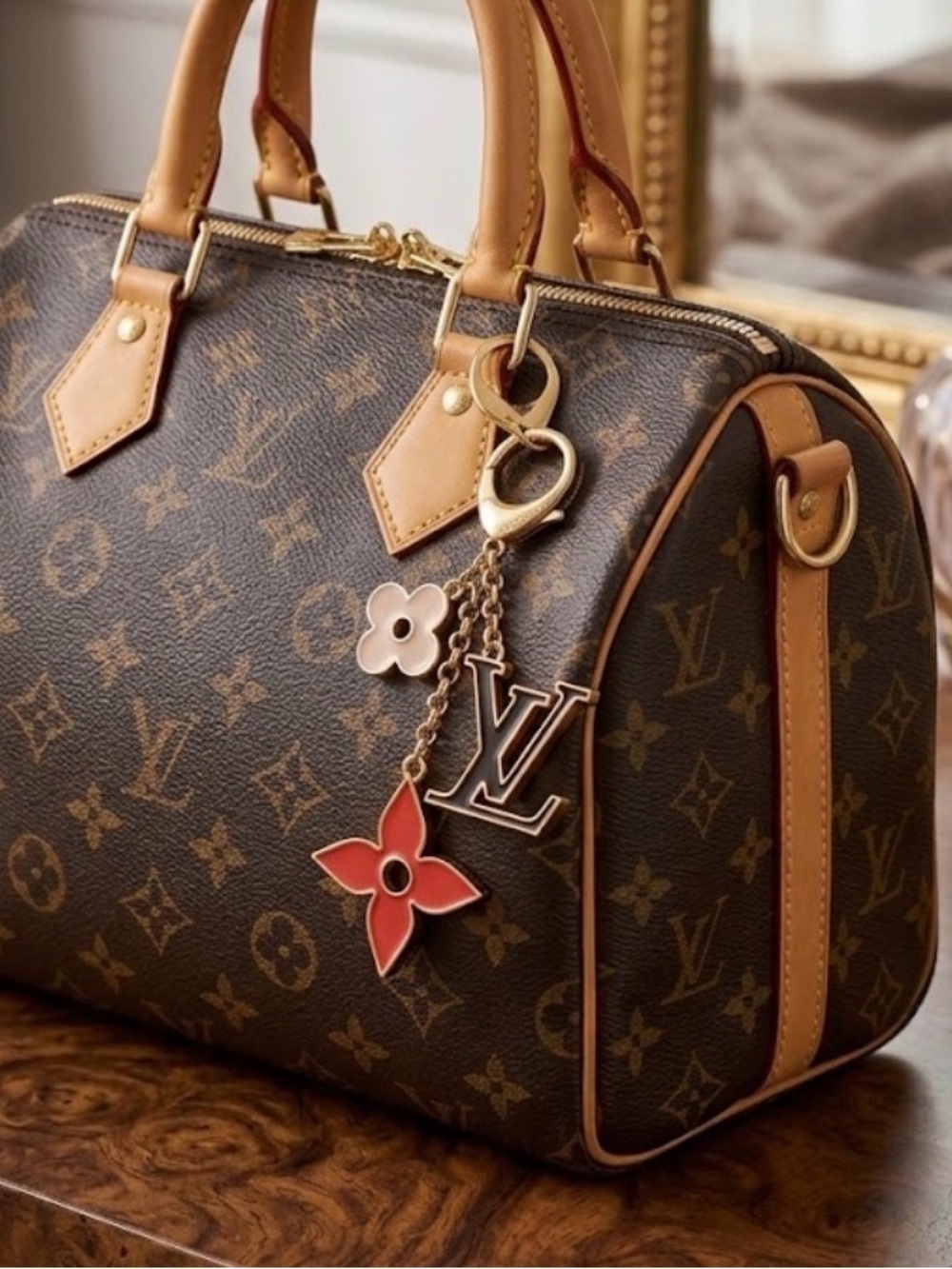 Luxury Fashion Bag Charm Keychain  Monogram And Bright Red And Pink Motifs